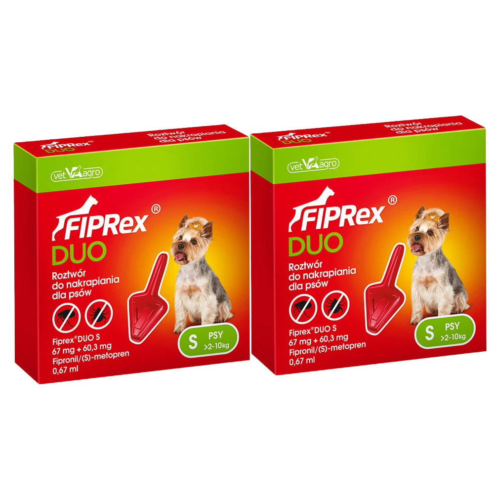 Fiprex DUO S KROPLE od pcheł kleszczy dla psa 2-10kg 2x0,67ml na 60dni